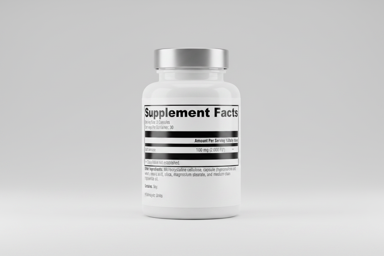 Supplement facts label with nattokinase content on a white background