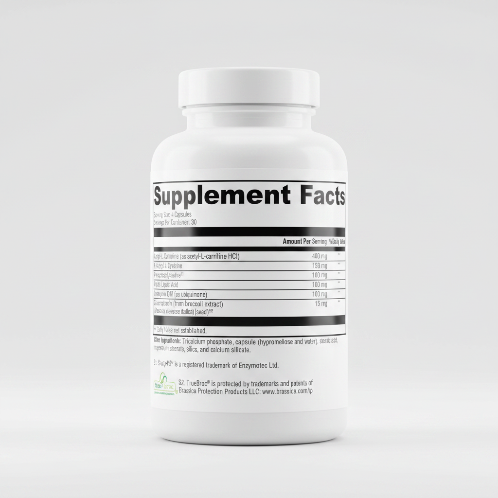 Supplement facts label with various nutrients listed on a white background