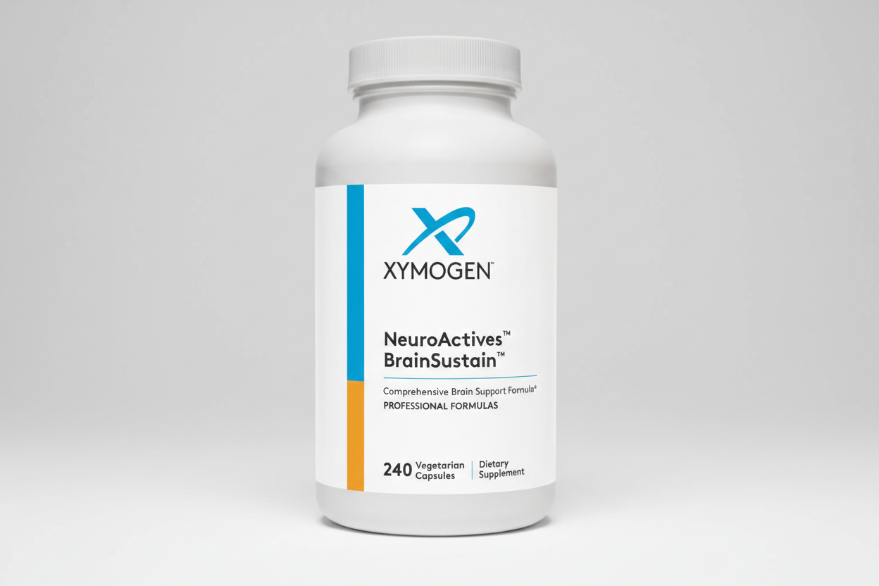 Xymogen NeuroActives BrainSustain supplement bottle on a white background