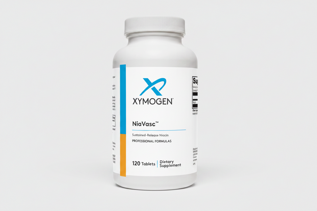Xymogen NiaVasc dietary supplement bottle on a white background