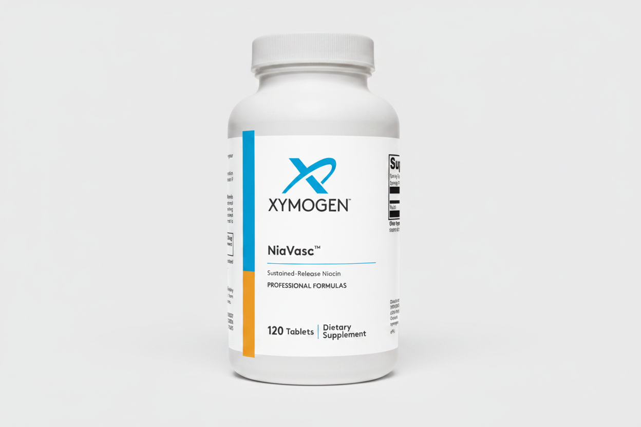 Xymogen NiaVasc dietary supplement bottle on a white background