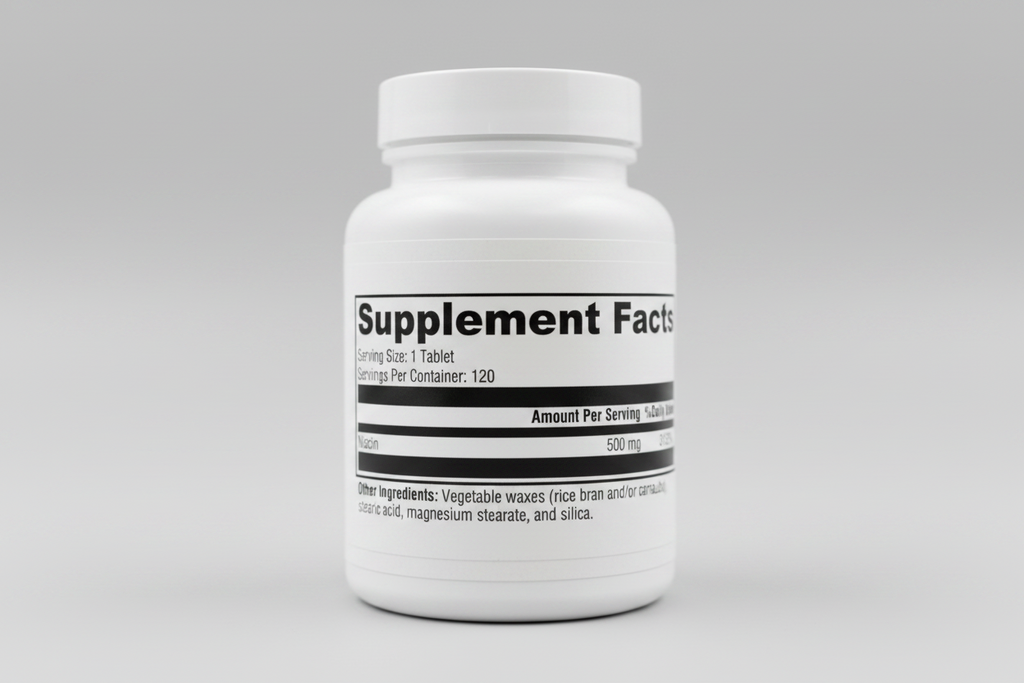 Supplement facts label with niacin information on a white background