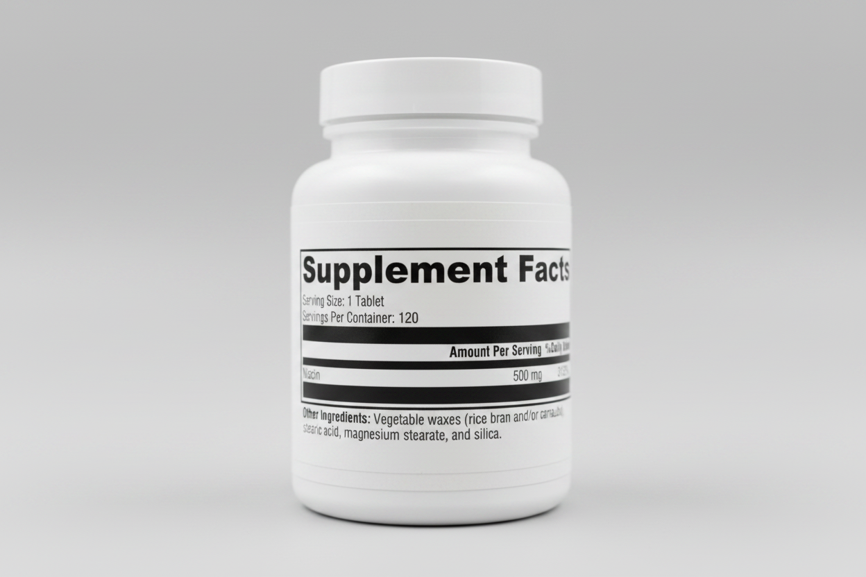 Supplement facts label with niacin information on a white background