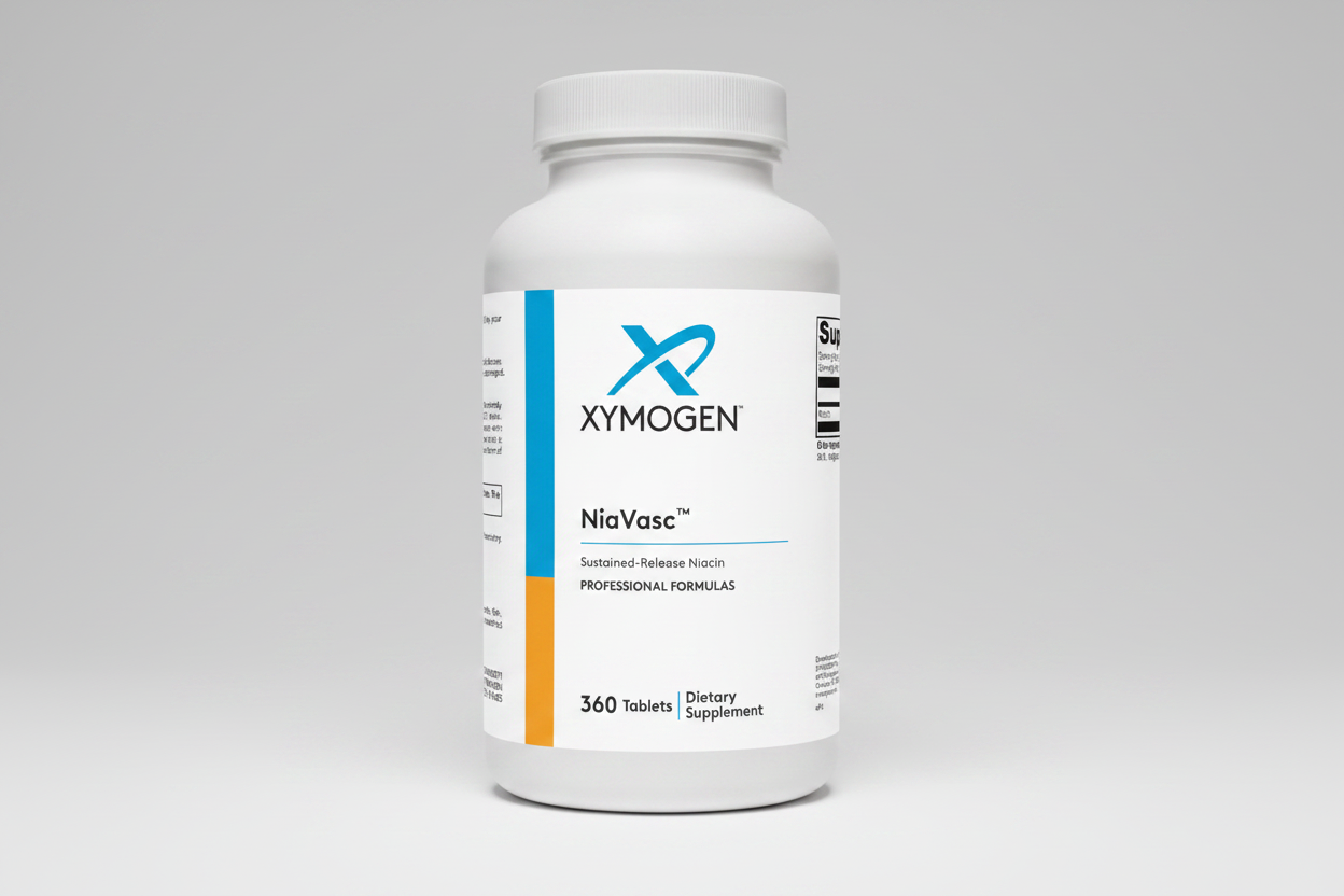 Xymogen NiaVasc dietary supplement bottle on a white background