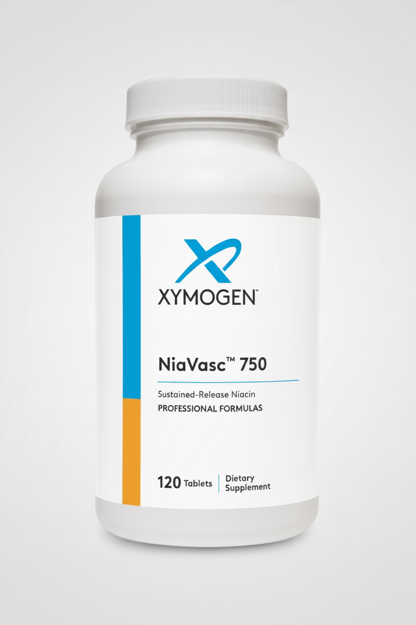 Supplement bottle labeled 'Xymogen NiaVasc 750' on a white background