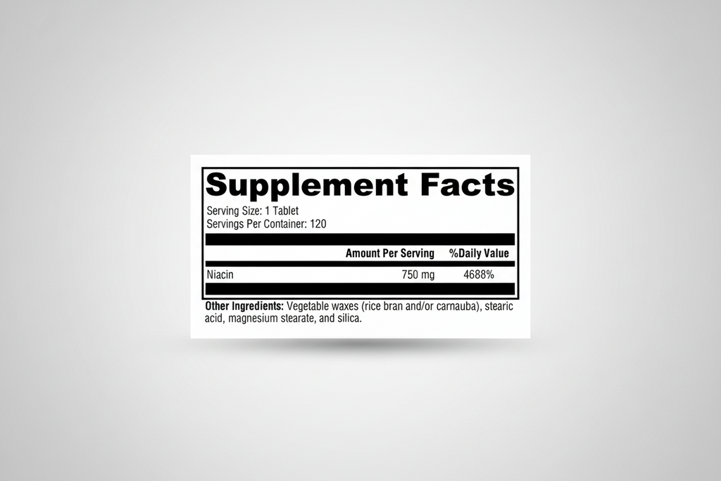 Supplement facts label with niacin information on a white background