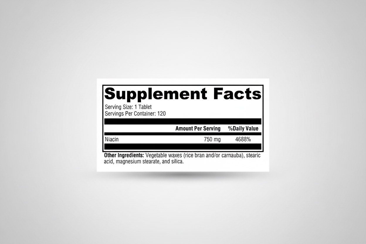 Supplement facts label with niacin information on a white background
