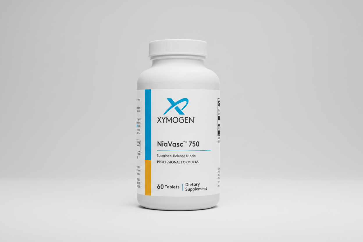 XYMOGEN NiaVasc 750 dietary supplement bottle on a white background