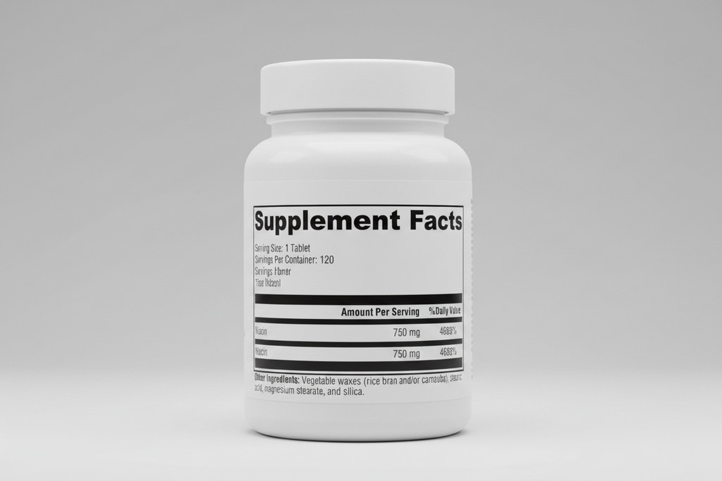 Supplement facts label with niacin information on a black background
