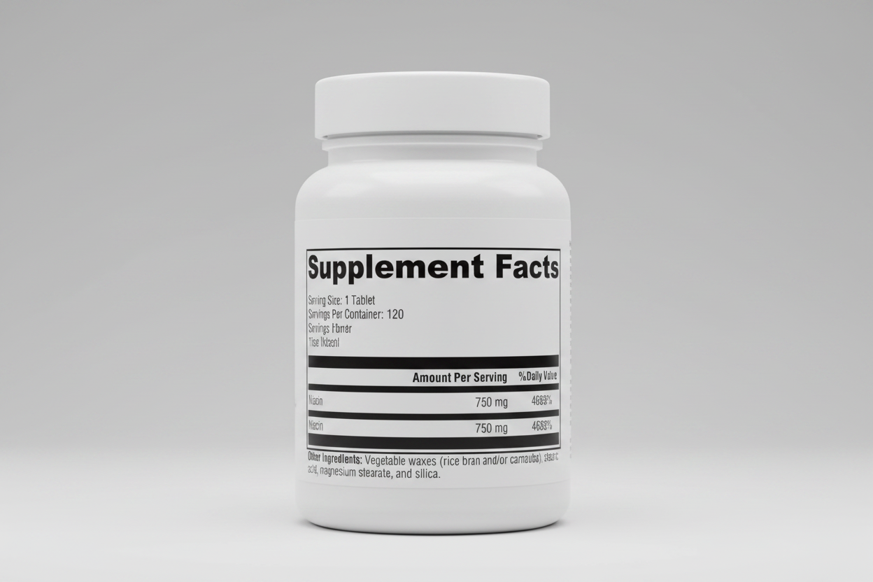 Supplement facts label with niacin information on a black background