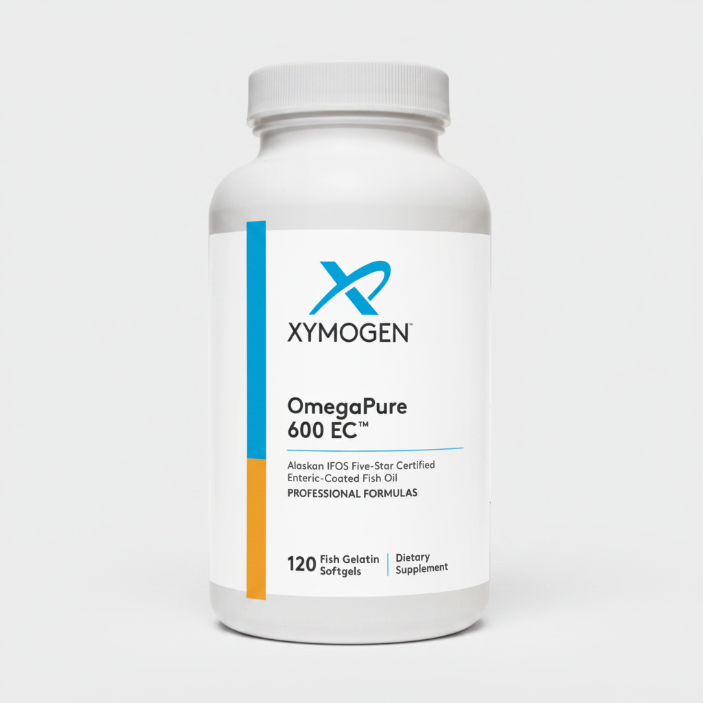 Xymogen OmegaPure 600 EC dietary supplement bottle on a white background