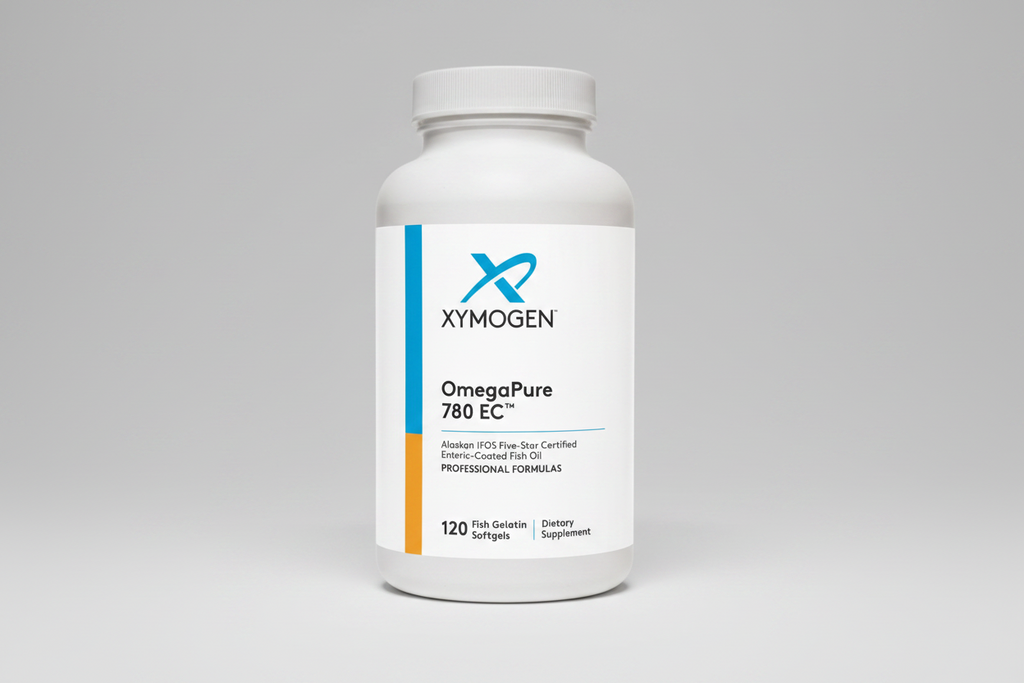 Xymogen OmegaPure 780 EC dietary supplement bottle on a white background
