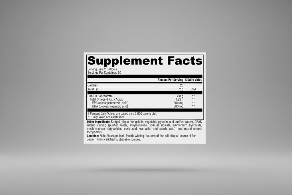 Supplement facts label with detailed nutritional information on a white background