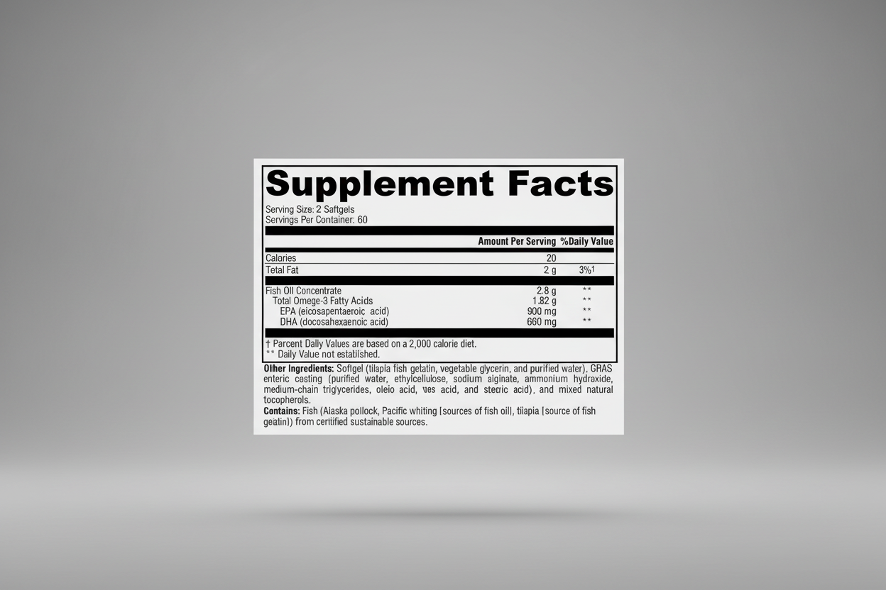Supplement facts label with detailed nutritional information on a white background