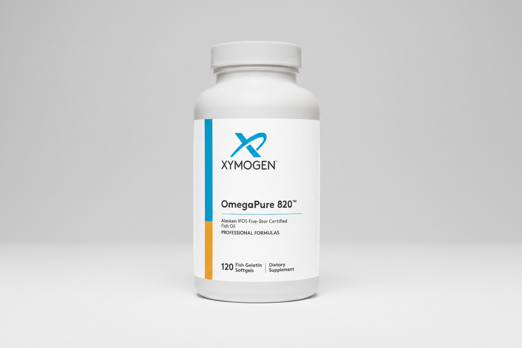 XYMOGEN OmegaPure 820 dietary supplement bottle on a white background