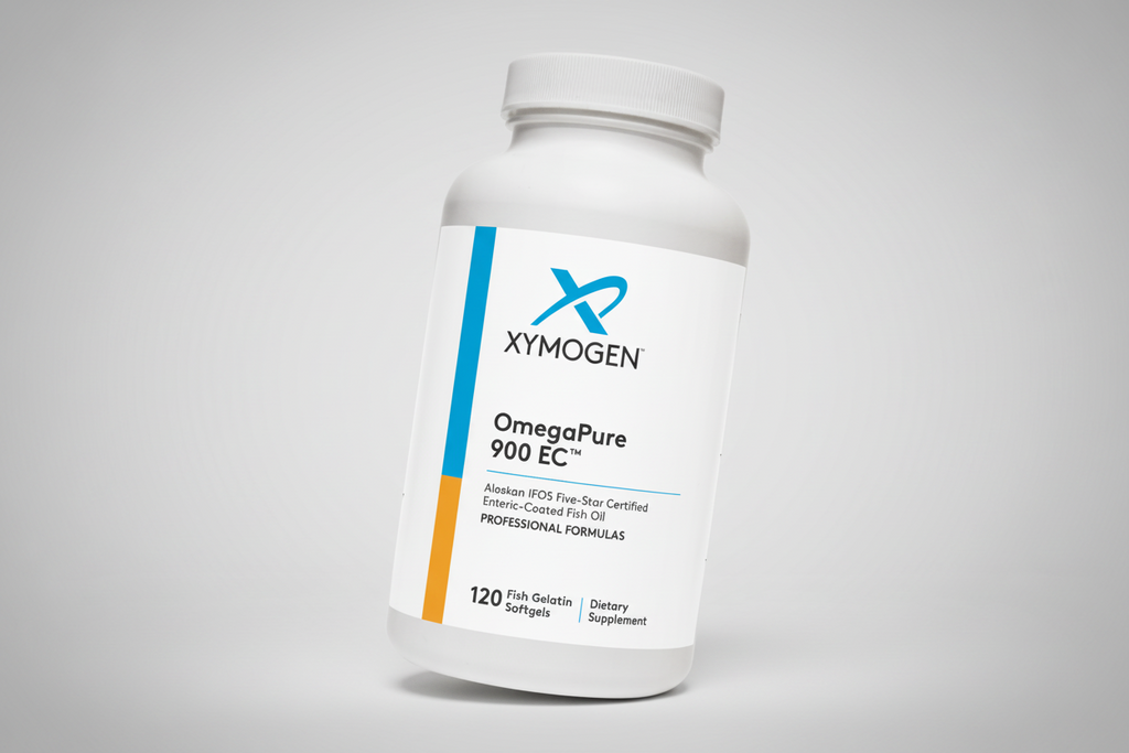 Xymogen OmegaPure 900 EC dietary supplement bottle on a white background