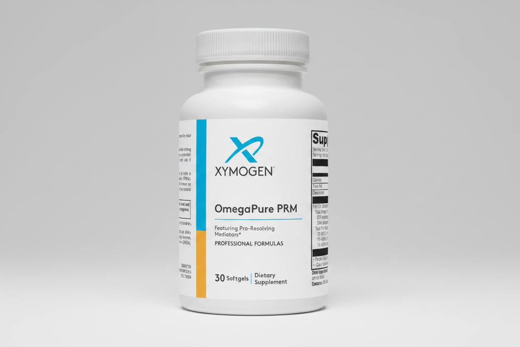 Xymogen OmegaPure PRM dietary supplement bottle on a white background