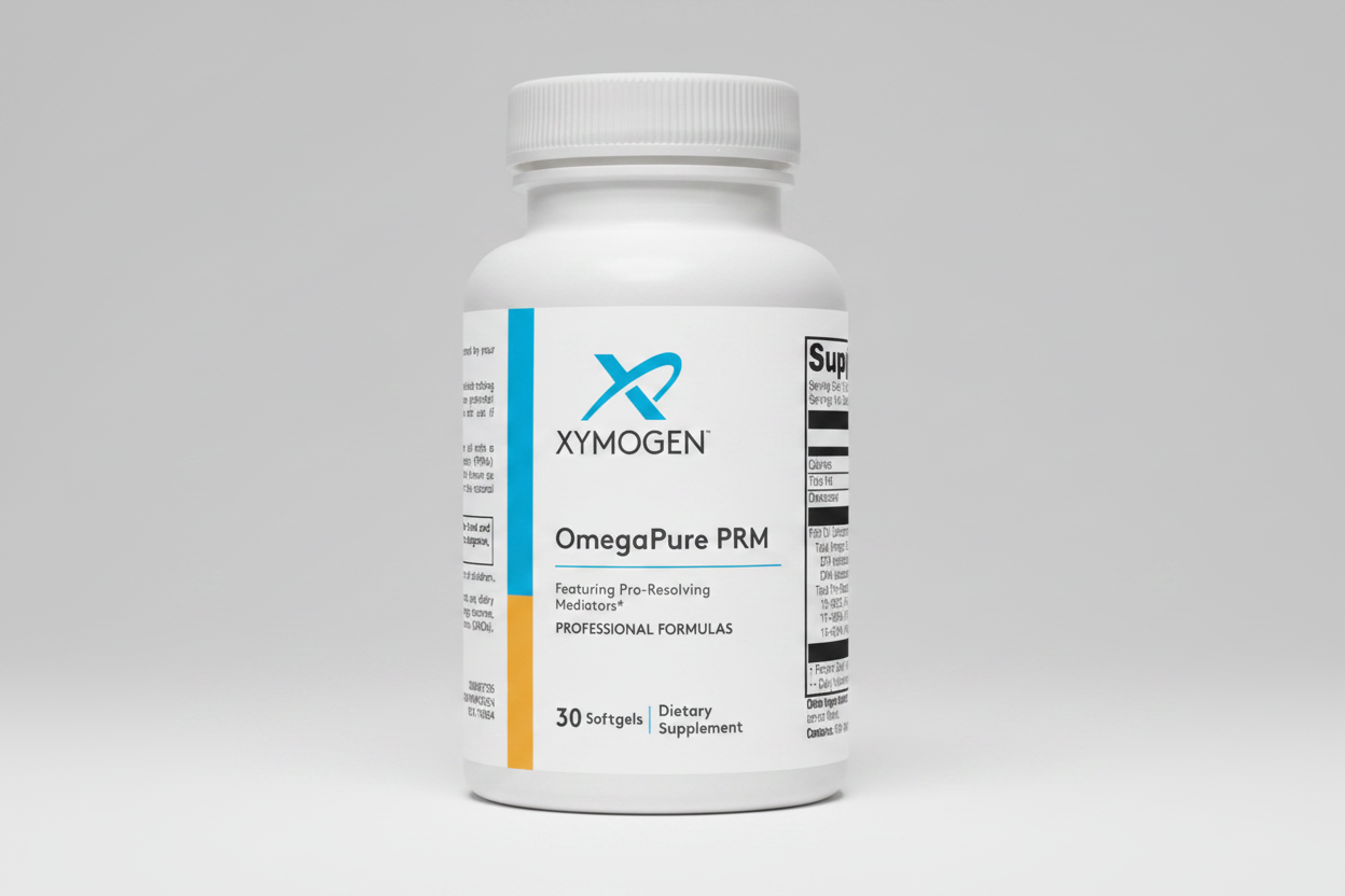 Xymogen OmegaPure PRM dietary supplement bottle on a white background