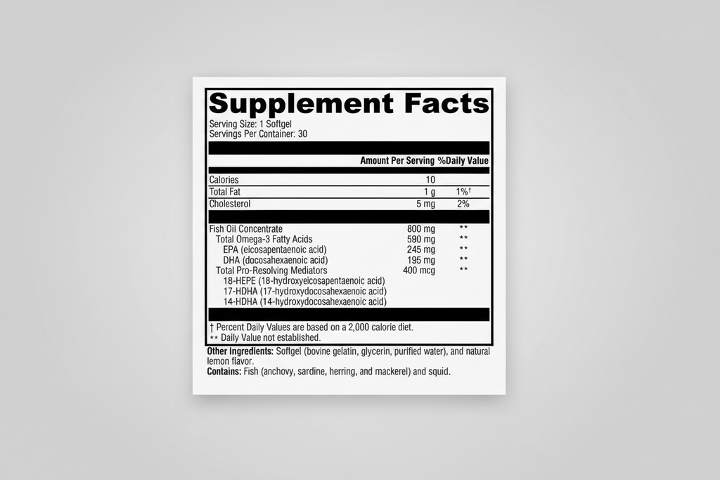 Supplement facts label for a fish oil product on a white background