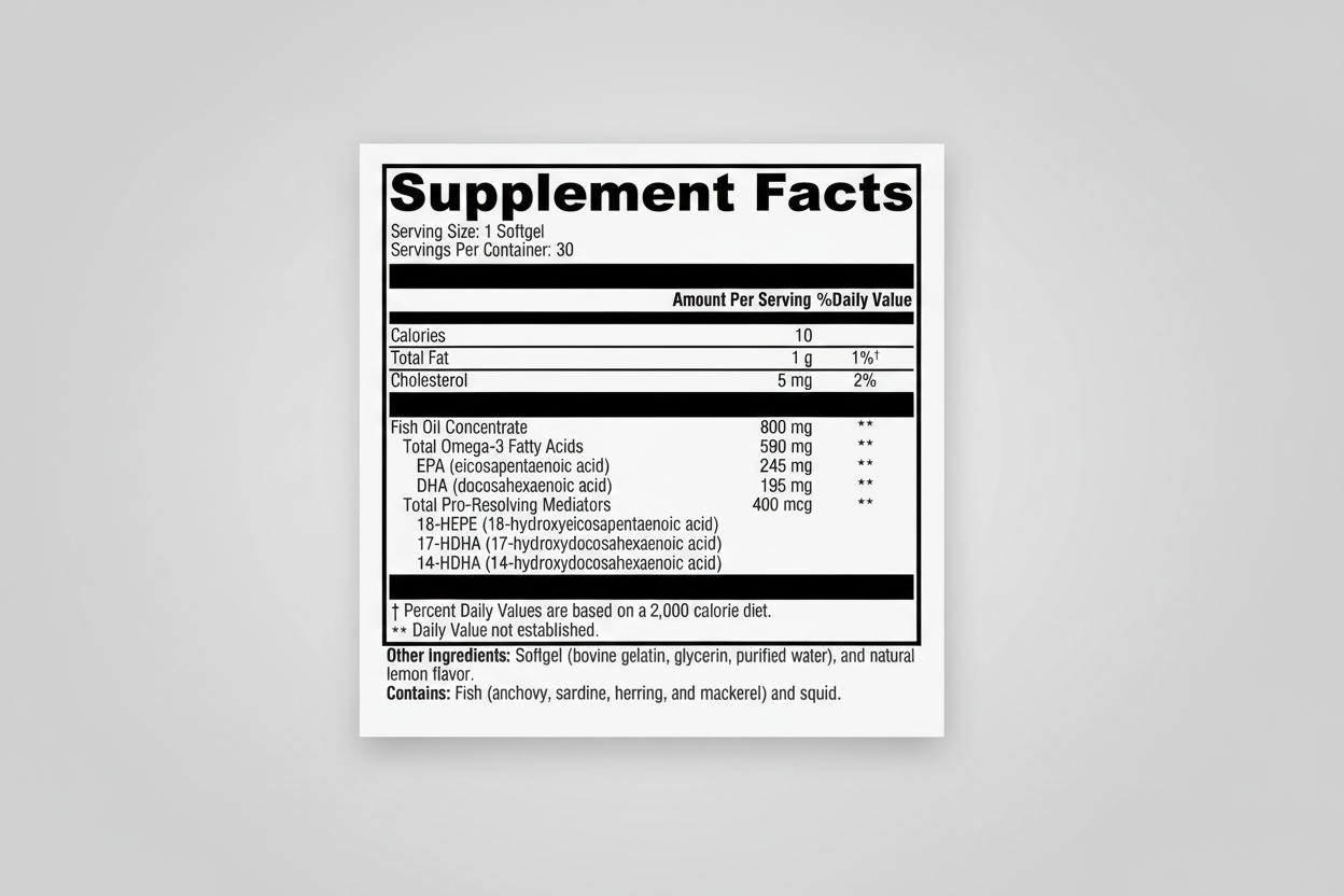 Supplement facts label for a fish oil product on a white background