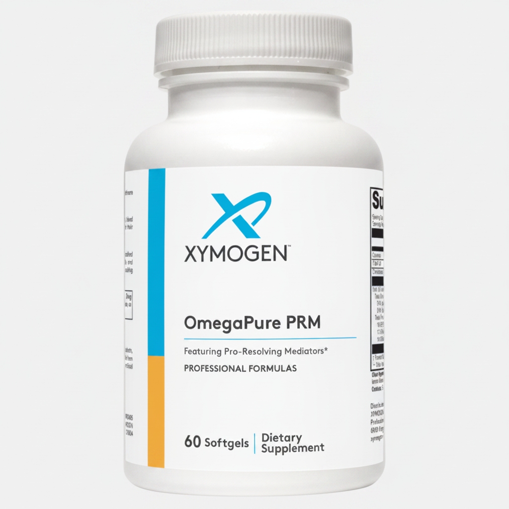 Xymogen OmegaPure PRM dietary supplement bottle on a white background