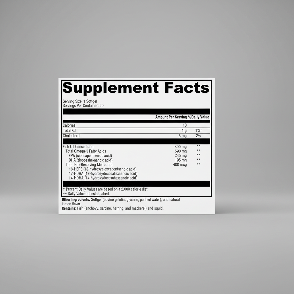 Supplement facts label for a fish oil supplement on a white background