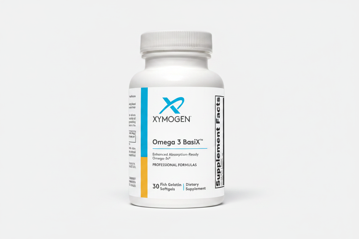 Xymogen Omega 3 BasiX dietary supplement bottle on a white background