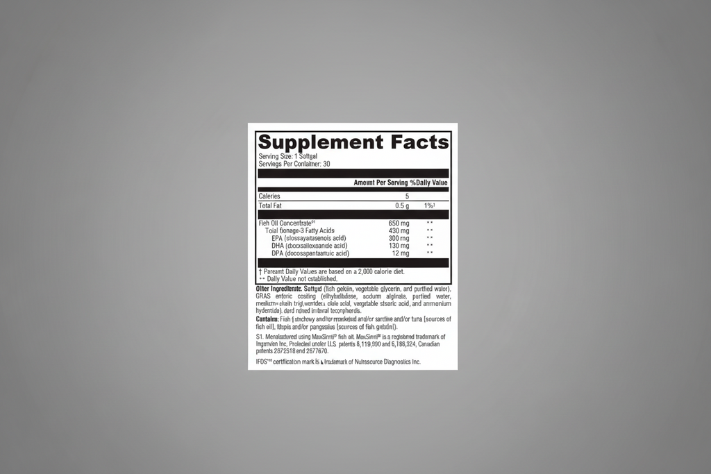 Supplement facts label for a fish oil supplement with detailed nutritional information.