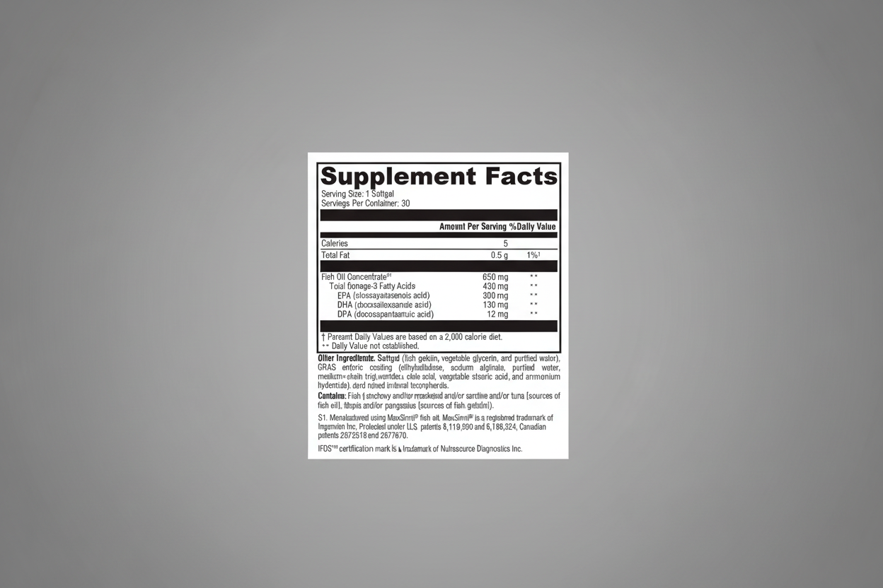 Supplement facts label for a fish oil supplement with detailed nutritional information.