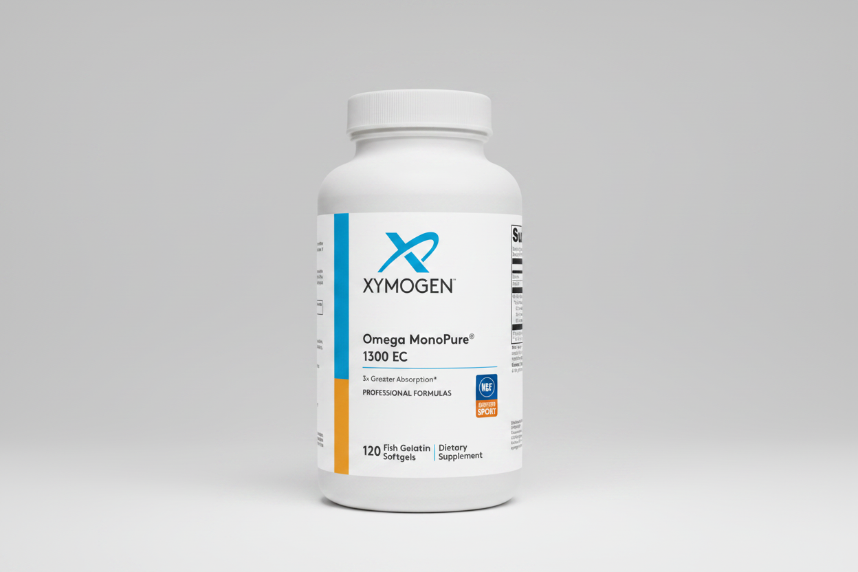 Xymogen Omega MonoPure 1300 EC dietary supplement bottle on a white background