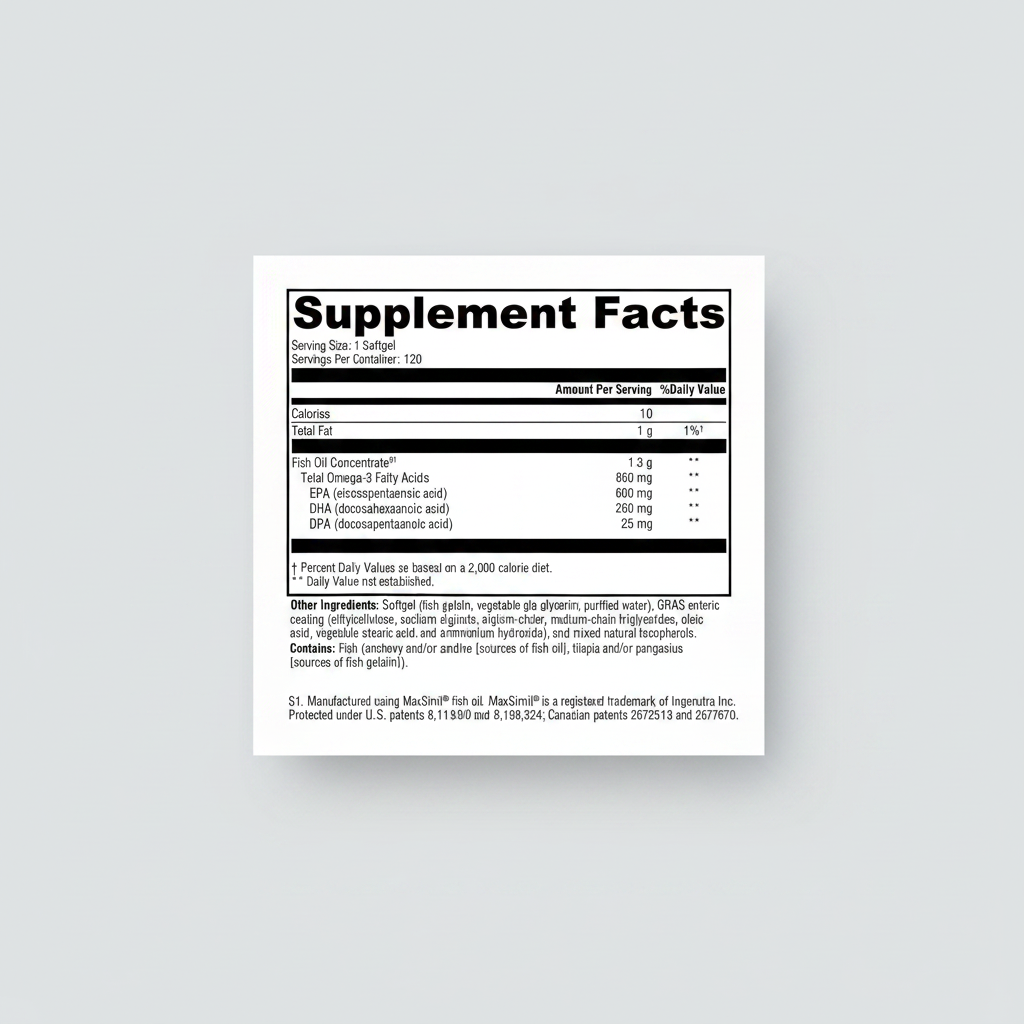 Supplement facts label for a fish oil supplement with detailed nutritional information.