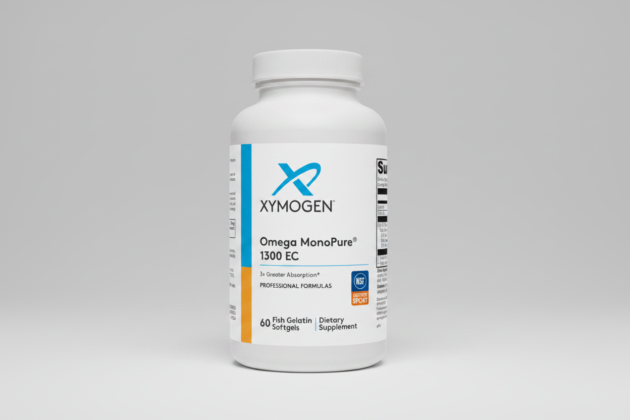 Xymogen Omega MonoPure 1300 EC dietary supplement bottle on a white background