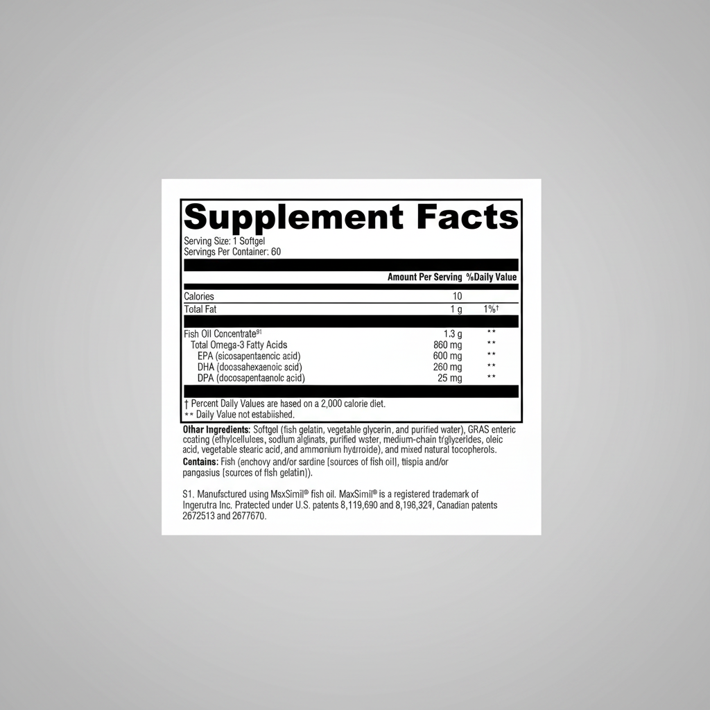 Supplement facts label for a fish oil product on a white background