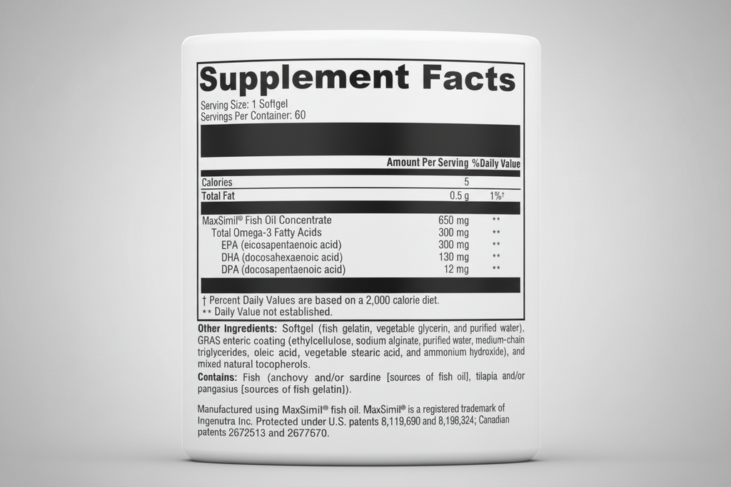 Supplement facts label for MaxSimil fish oil concentrate