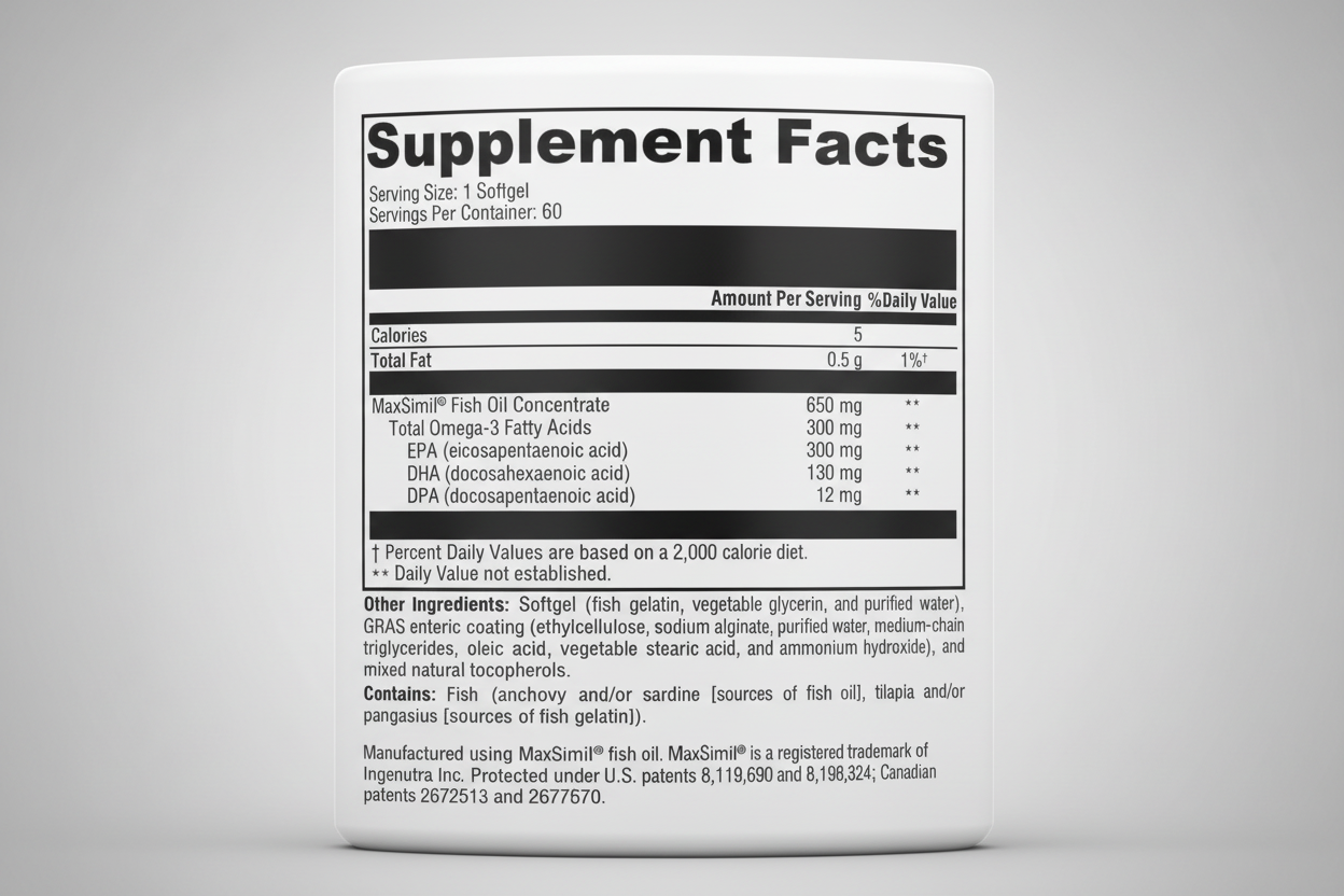 Supplement facts label for MaxSimil fish oil concentrate