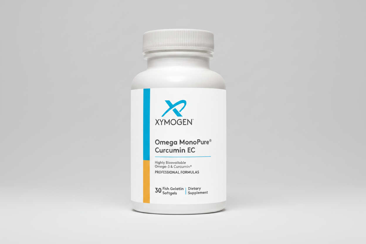 XYMOGEN Omega MonoPure Curcumin EC dietary supplement bottle on a white background