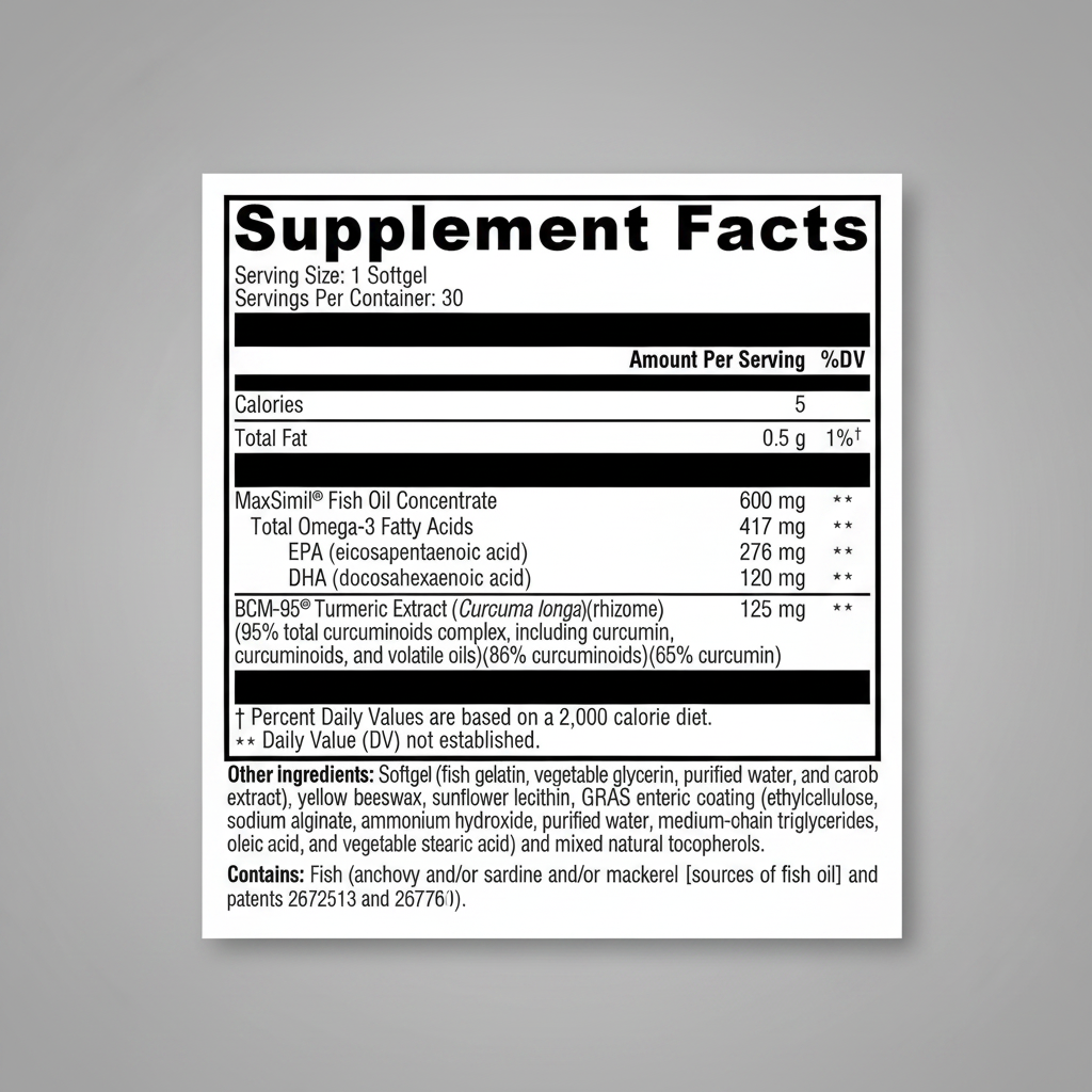Supplement facts label for a product with various nutrients and ingredients listed.