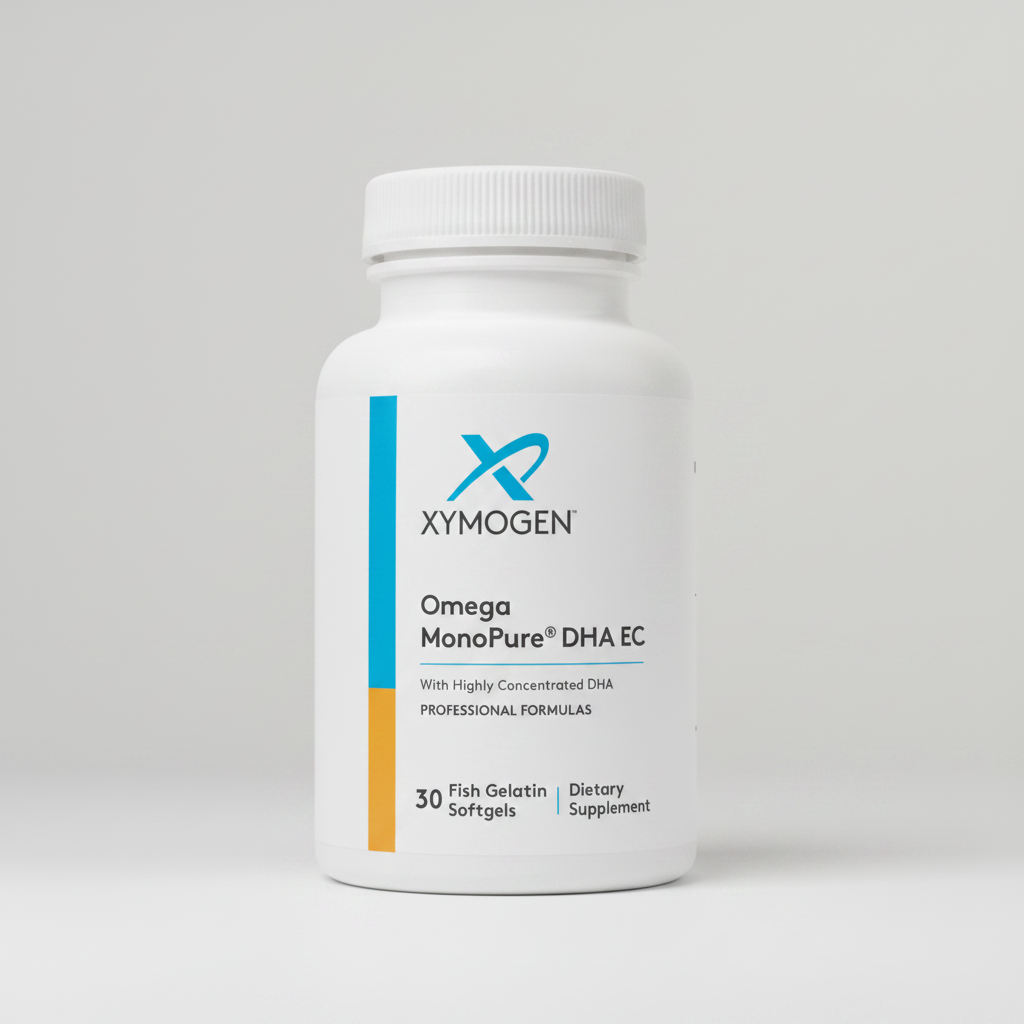 Xymogen Omega MonoPure DHA EC dietary supplement bottle on a white background