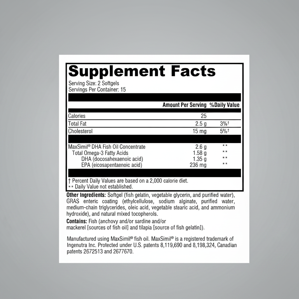Supplement facts label for MaxSimil DHA Fish Oil Concentrate