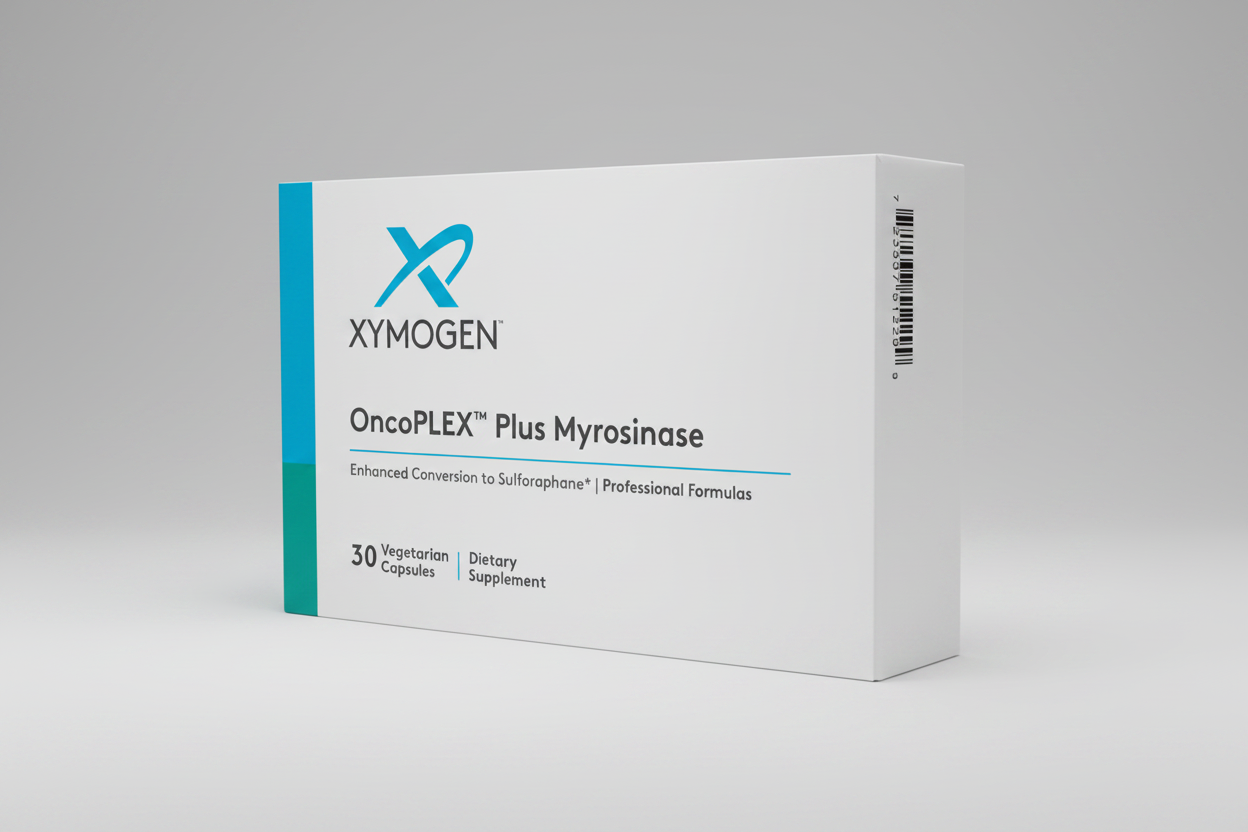 XYMOGEN OncoPLEX Plus Myrosinase dietary supplement box on a white background