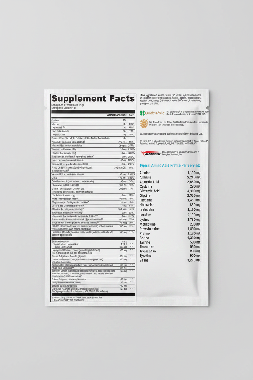 Supplement facts label for a protein product with detailed nutritional information.