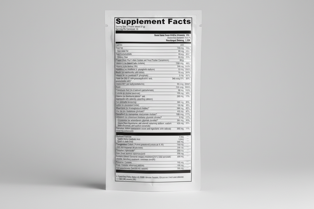 Nutritional supplement label with various ingredients and their amounts on a white background.