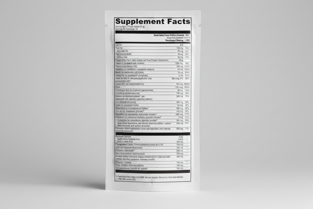 Nutritional supplement label with various ingredients and their amounts on a white background.