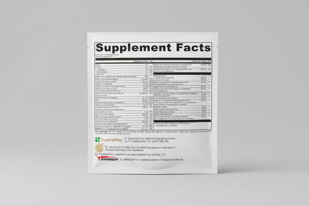 Supplement facts label with nutritional information on a white background