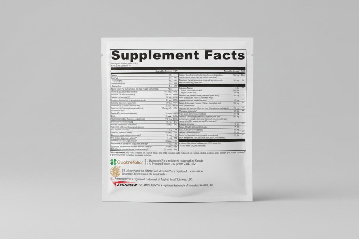 Supplement facts label with nutritional information on a white background
