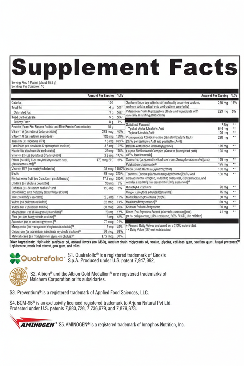 Supplement facts label with nutritional information on a white background