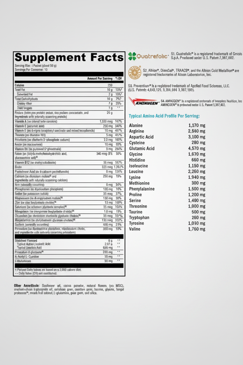 Supplement facts label for a protein powder with brand logos on a white background