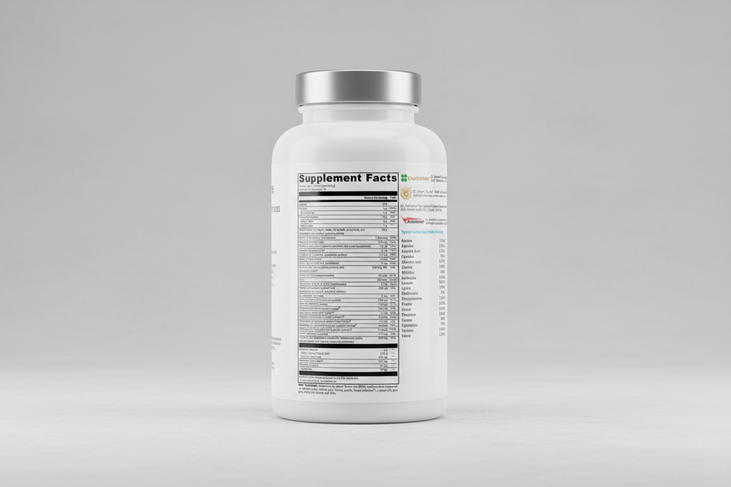 Supplement facts label with brand logos on a white background