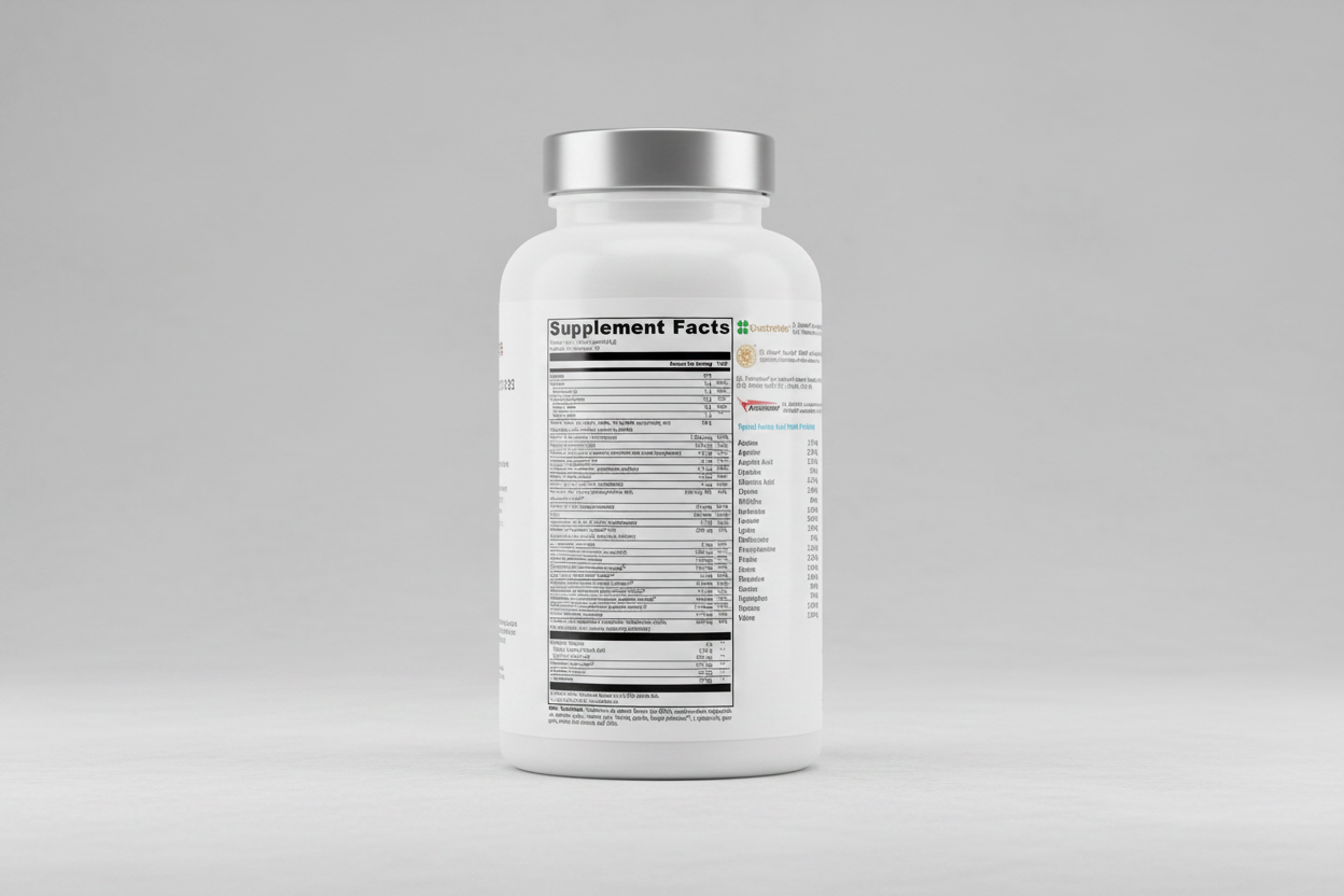 Supplement facts label with brand logos on a white background