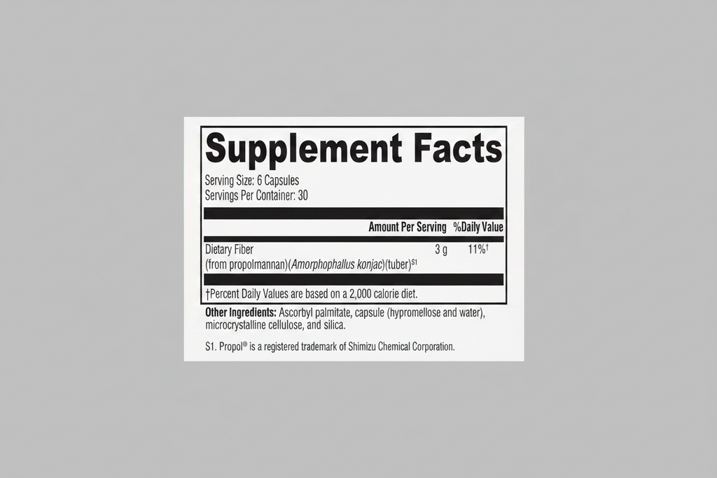 Supplement facts label with dietary fiber content on a white background
